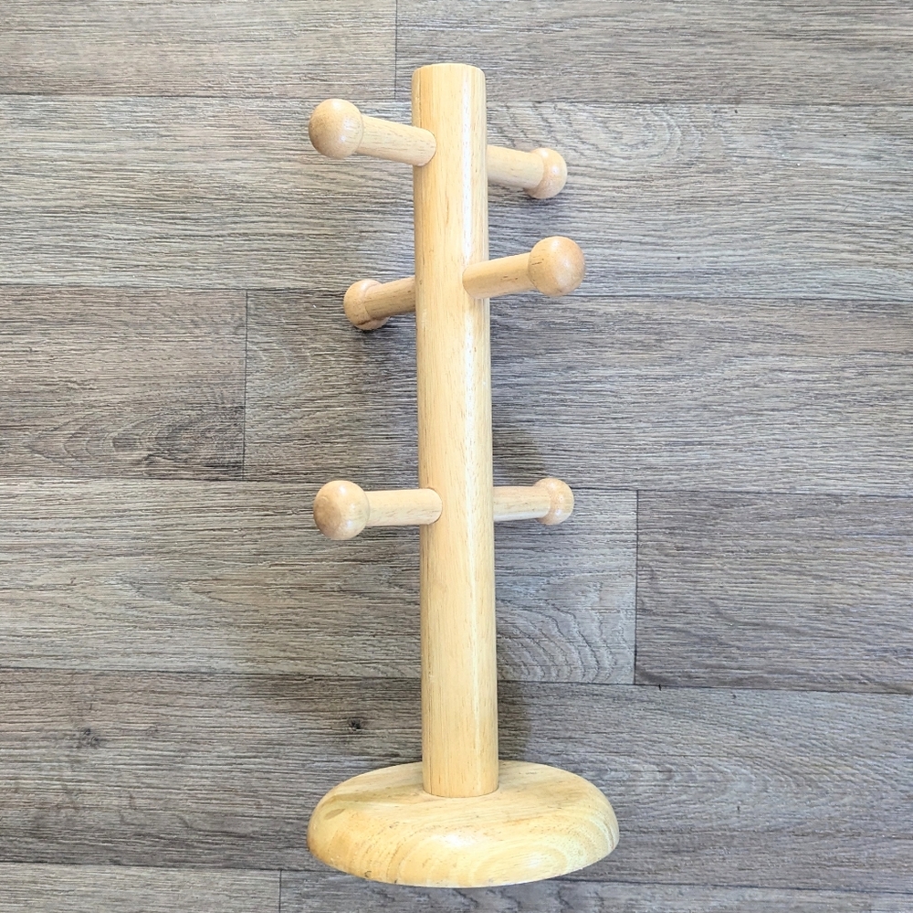 Vintage Solid Wood Blonde Coffee Mug Tree Holder Bar Accessory
